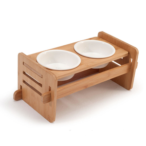 Elevated Bamboo Pet Table With Duo Ceramic <strong>Bowls</strong> Raised Anti Slip <strong>Tilted</strong> Station for <strong>Cats</strong> and Dogs Food Drink - Product Image 2
