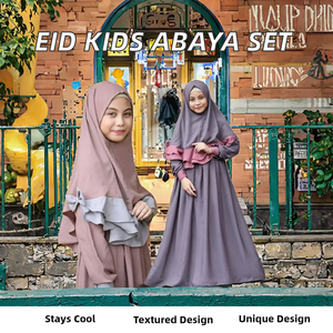 Vêtements islamiques en gros, ensemble abaya hijab à manches longues et col rond pour enfants, 2 pièces, polyester respirant - Product Image 2