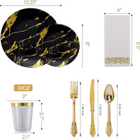Ensemble de vaisselle jetable écologique en plastique, design élégant, 7,5 et 10,25 pouces, comprenant gobelet, couteau, fourchette, cuillère et serviette, motif marbre blanc et or