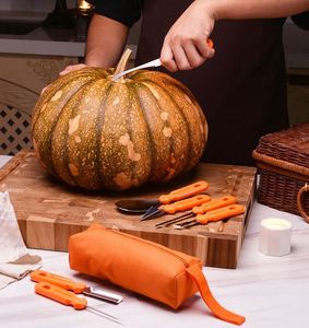Kit d'outils de cuisine Halloween en acier inoxydable 7 pièces, ensemble de couteaux professionnels pour la sculpture de citrouilles avec étui de transport - Product Image 5