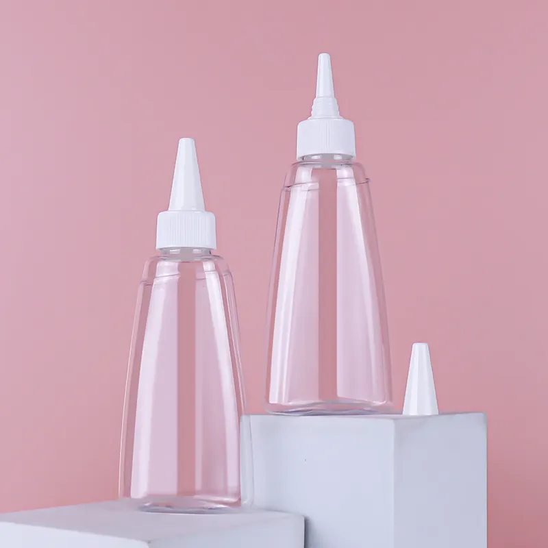 The Prevailing Trend Pocket Size Plastic Pet Pointed Hair Oil Nozzle Clear Squeeze Bottles With Twist Caps