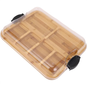 Plateau de service en bambou avec couvercle, récipient de rangement alimentaire à 5 compartiments, planche à découper pour la cuisine, pour collations, fromage, pain, pâtisserie - Product Image 1