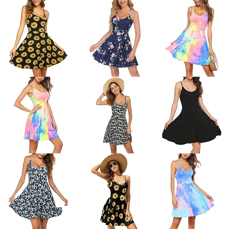 Wholesale Women Summer Dresses Sleeveless Stretch Beach Short Mini Dress Sun Floral Dress Women