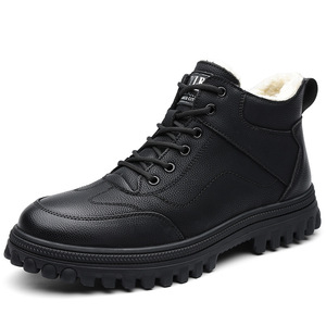 Bottes d'hiver pour hommes, hauteur cheville, bout rond, en cuir croûte, doublure en peluche, semelle extérieure en caoutchouc antidérapante, chaudes, pour l'extérieur - Product Image 5