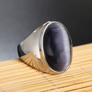 Anéis de Aço Inoxidável para Homens e Mulheres com Pedra Olho de Gato Oval Simples e Retro - Product Image 3