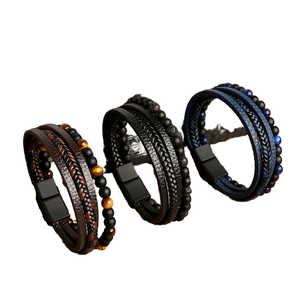 Pulsera de Hombre de Cuero Genuino con Cuentas de Obsidiana Natural, Ojo de Tigre y Aleación - Product Image 1