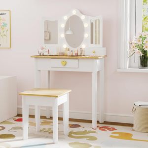 Tocador de Madera para <span class=keywords><strong>Niñas</strong></span> con Luces LED, Set de Juego de Princesa, Mesa de Maquillaje para <span class=keywords><strong>Niñas</strong></span> Pequeñas con Cajón y <span class=keywords><strong>Silla</strong></span> - Product Image 1