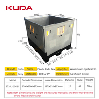 Palette en plastique KUDA 1210L-ZDKBX, type boîte, grande palette logistique en plastique, 1200x1000x975mm