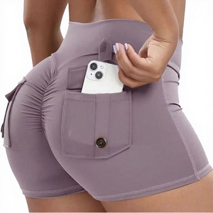 Women High Waist Elastic Waist Compression V Cut Scrunch Back Shorts with <b>Pockets</b> Spandex/Nylon Print Quick Dry - Product Image 2