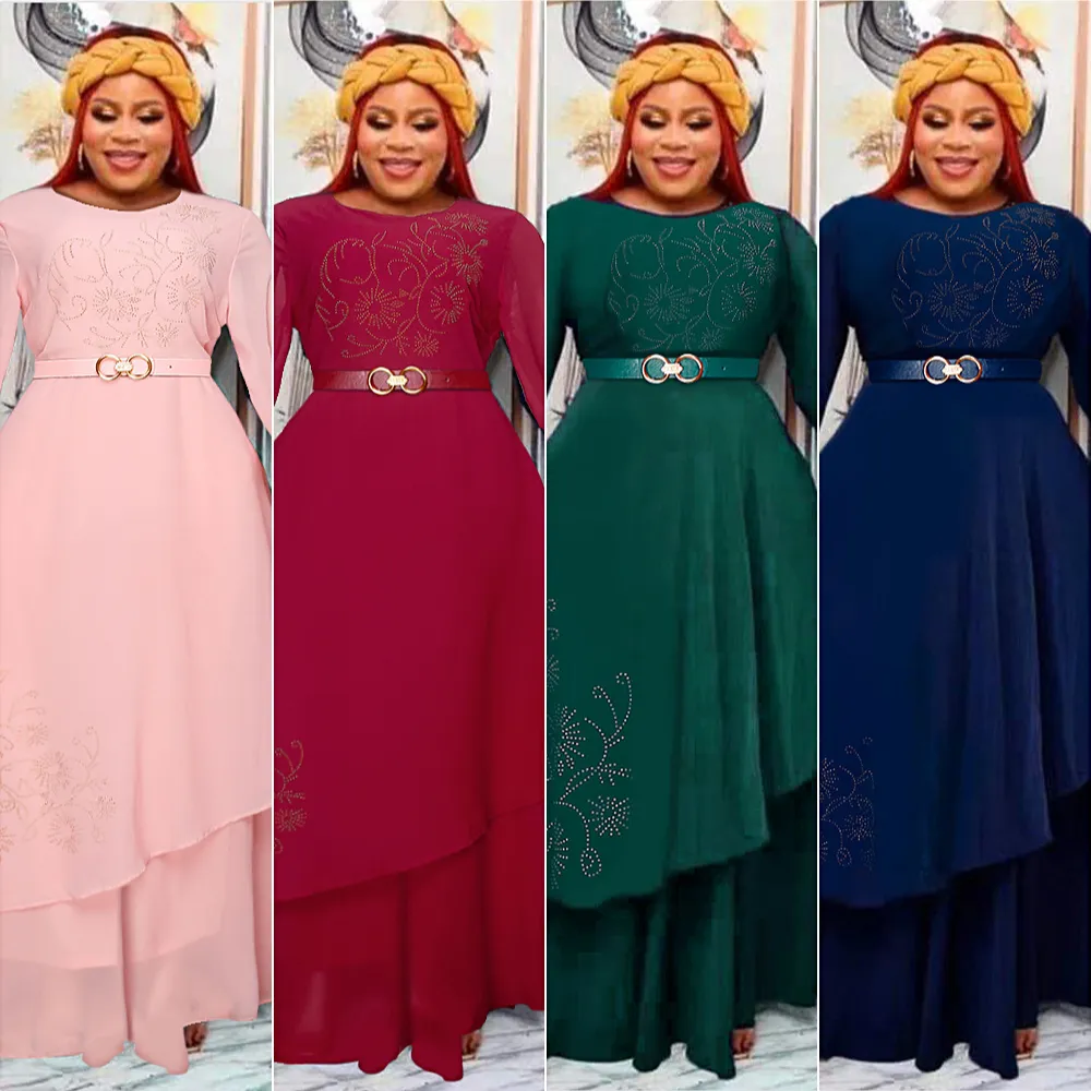 2023 African women's fashion chiffon Long dress African style elegant dress with belt