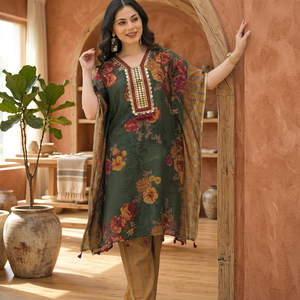 Conjunto de Kurta de Seda Verde para Mujer, Transpirable, para Fiesta/Uso Casual, Vestido Mini con Cintura Natural para Primavera/Verano, Incluye Pantalón y Dupatta - Product Image 3