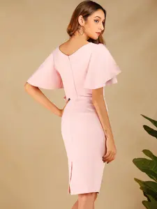 Lancai 사용자 정의 2021 우아한 캐주얼 여름 패션 짧은 Bodycon 핑크 원피스 사무실 원피스 여성용 - Product Image 2