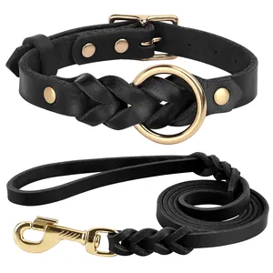 Couro Genuíno Dog Collar Leash Set Trançado Durável Couro Dog Coleiras Para Médias Grandes Cães Pastor Alemão Pet Acessórios