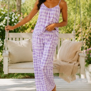 Conjunto de Pijama para Mujer, Estampado a Cuadros Morados, Sin Mangas, Ropa Casual, Estilo Dulce, Ropa de Dormir de Verano - Product Image 1