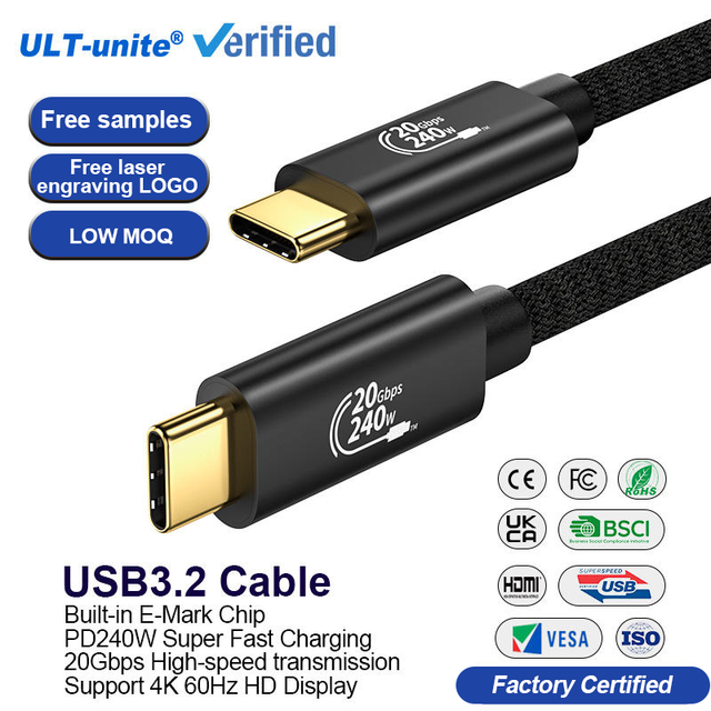 ULT-unite 20Gbps 4K 60Hz 240w USB3.2 Ultra Data Transfer Gold Plated Braided 1m 2m 3m 4m Type-c USB Charge Type-c Data Cable
