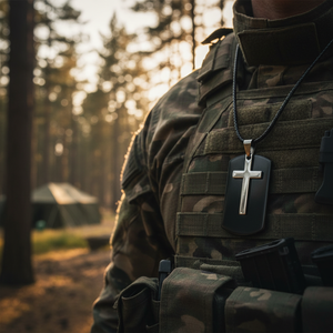 Pendentif croix militaire en acier 40x23mm noir avec motif croix argentée - Product Image 3