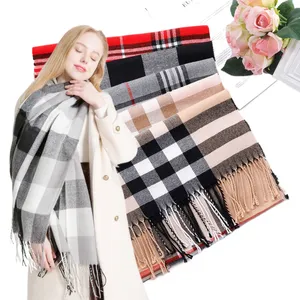 Cachecol feminino pashmina, lenço de listras multicolorido quente, cachecol e borla, para meninas e meninos, inverno