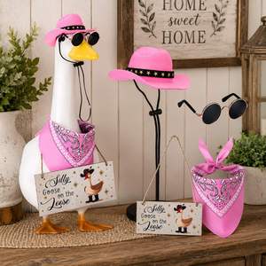 Decoración de Pabellón de Jardín de Temporada con Ganso, Sombrero Vaquero Rosa, Gafas de Sol y Bufanda con Diseño Paisley, Letrero Colgante - Product Image 2