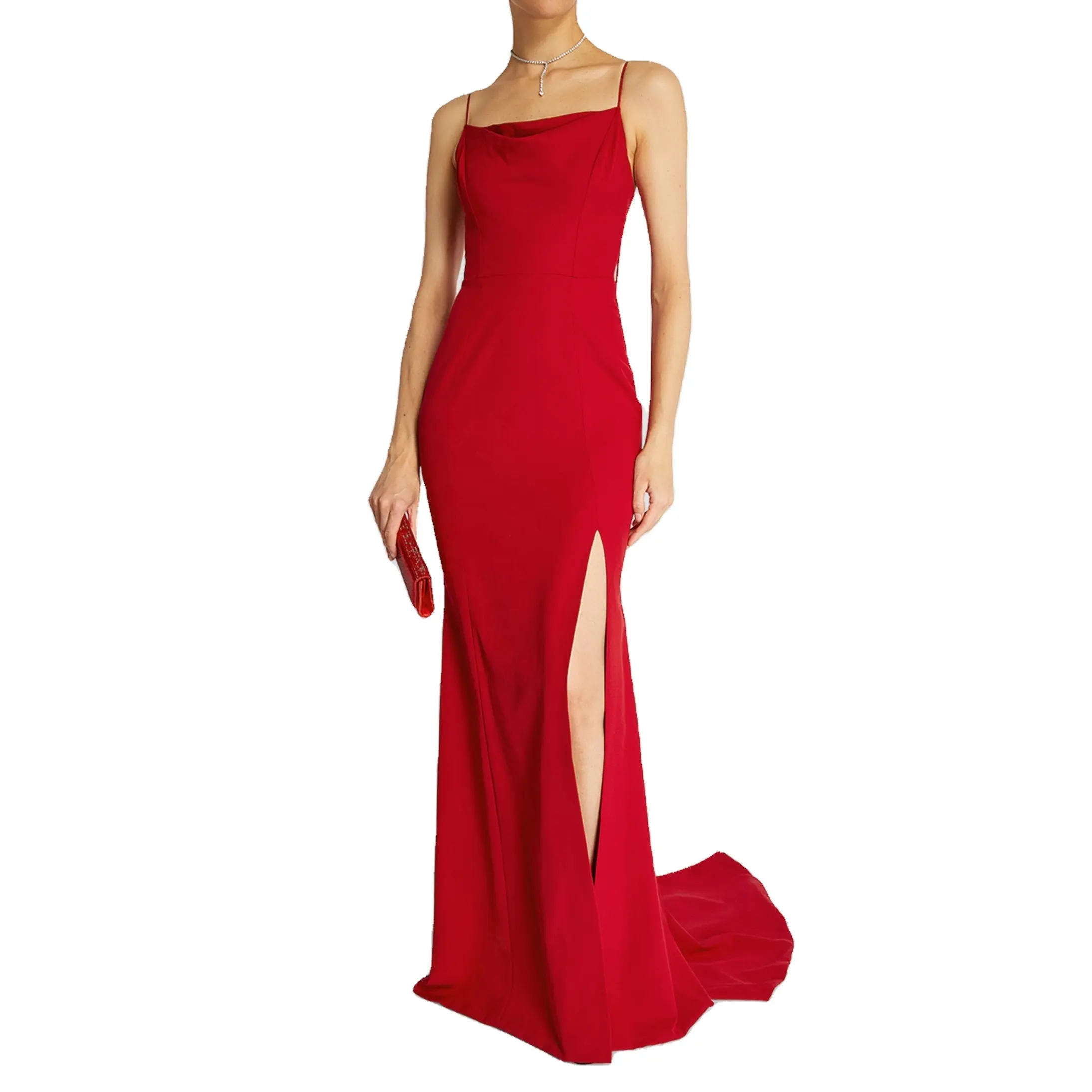 Frauen Red Silk Ball Kleid Low Back Elegante Seitens chlitz Sexy Fishtail Formale Damen Cocktail Party Kleid