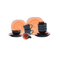 Service de vaisselle en grès de 16 pièces pour 4 personnes, finition émaillée réactive brossée à la main avec effet tourbillon, bicolore noir et orange, comprenant assiettes carrées, bols et tasses