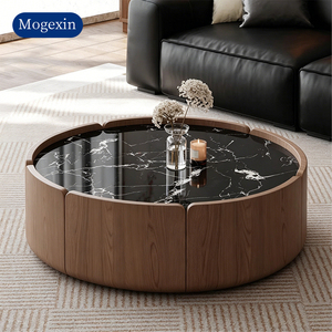 <b>Round</b> <b>Nesting</b> <b>Coffee</b> <b>Table</b> Set with Black Stone Top & Walnut Veneer Base for Living Room Hotel Lobby - Product Image 2