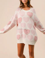 Pull-over rose à manches longues en tricot avec cœur perlé pour la Saint-Valentin pour femmes