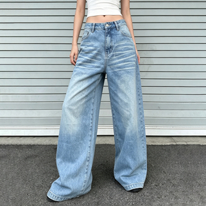 American Vintage Curved Blade Denim Design Loose Straight Wide Leg Pants Low Waist Washed Basic Sky Blue Versatile Jeans - Product Image 2