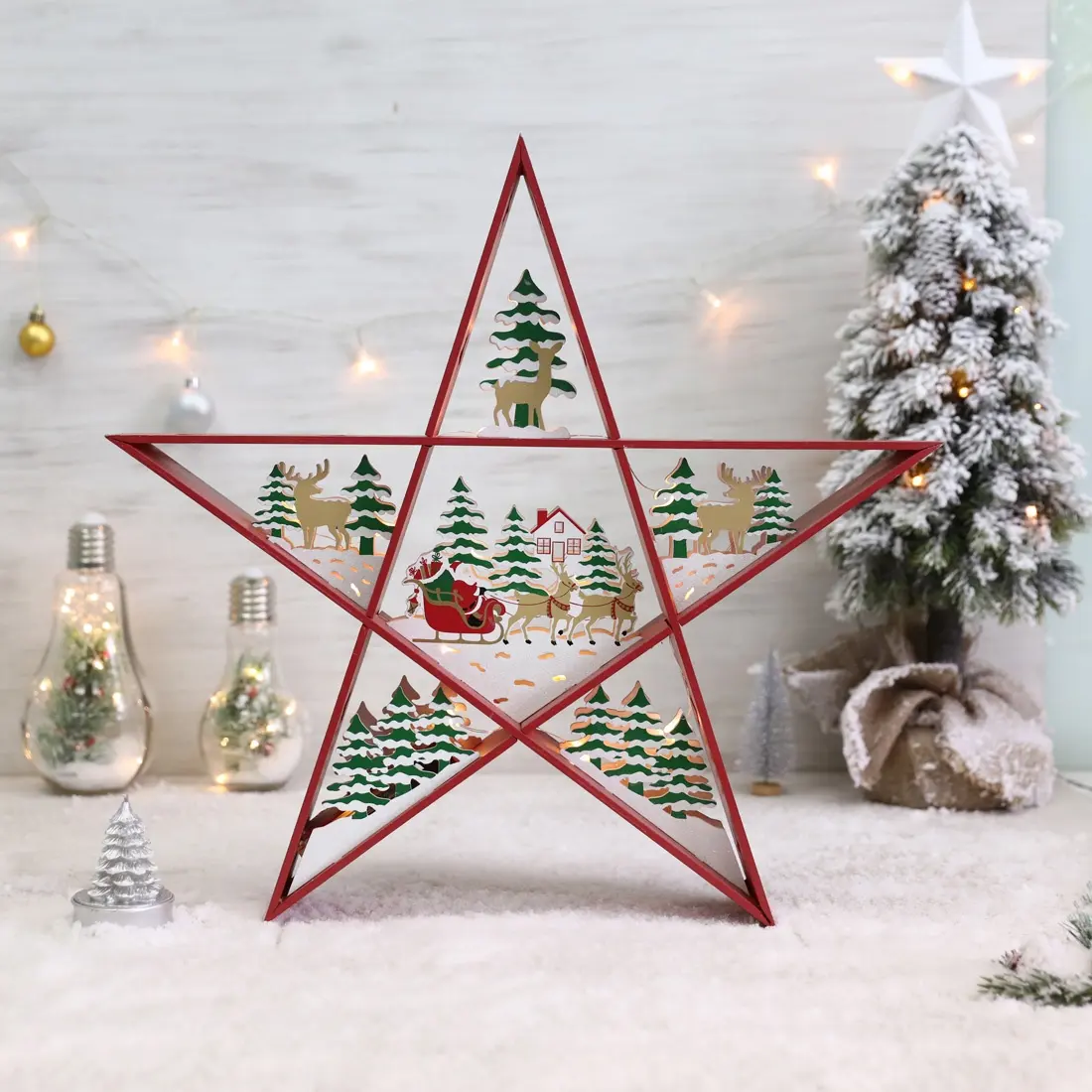 Estrela iluminada de natal de madeira com LED/15,3AA, bateria excluída, decoração de natal