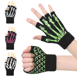 Gants tricotés mi-doigts en jacquard squelette pour Halloween, en acrylique/coton, écologiques, respirants et chauds, pour fêtes, vente en gros à prix abordable - Product Image 2