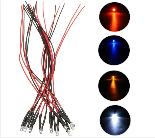 配線済みダイオード5-12V3mm 5mm10mm配線済みLED発光ダイオードライト赤黒ワイヤーDIY照明用クリアラウンドトップ