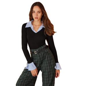 T-shirt <span class=keywords><strong>femme</strong></span> à manches longues, coupe slim, respirant, tricoté, uni, style Y2K, mode automne, haut deux pièces - Product Image 1