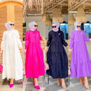 मलेशिया मुस्लिम पोशाक सुरुचिपूर्ण लंबी महिलाओं मामूली पहनने कपड़ों की थोक महिलाओं आकस्मिक फैशन ठोस रंग बटन अप मैक्सी पोशाक