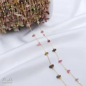 Cadena de cuentas de oro de 14k con gemas naturales, cadena de cuentas envuelta en alambre, para fabricación de joyas Diy