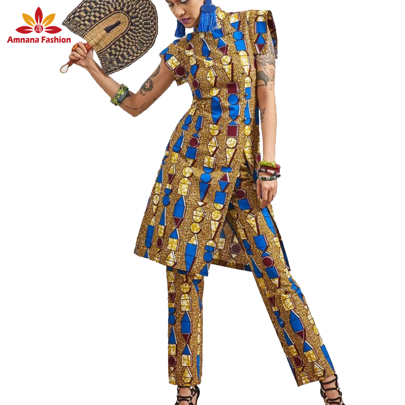slim fit dress slacks Traditional African Kitenge Wax Print Hollandaise Blue High Low Hem Sl –  Asigbe main image 0
