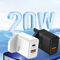 Cargador Rápido de 20W con Doble Salida, Enchufe del Reino Unido, USB-A Tipo-C PD QC3.0, Adaptador de Viaje Ignífugo para Laptop y Teléfono Móvil