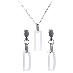 Ensemble collier et boucles d'oreilles rectangulaires géométriques en acier inoxydable pour femmes, bijoux de fête, accessoires de mode noir et blanc - Product Image 2