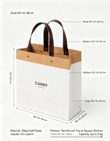 Sac fourre-tout écologique fait main et recyclable à fond carré tridimensionnel avec poignée en cuir simple, sac cadeau en papier
