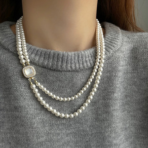 Shijia Pearl Sugar Cube Double Layer Necklace For Women Elegant Geometric Design With Bezel Setting Daily Wear Fashion Jewelry - Product Image 1