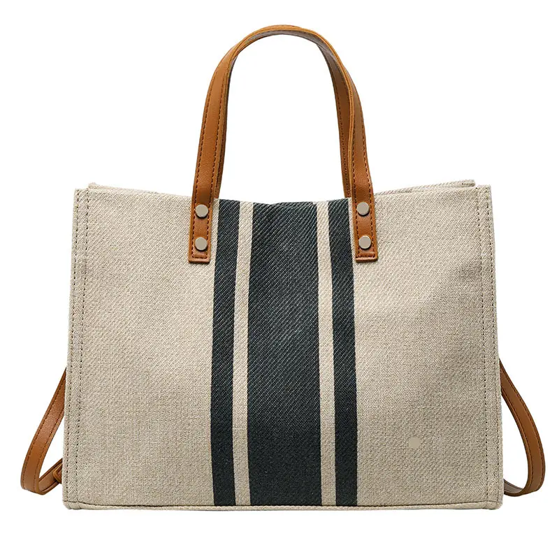 Women simple fashion large vintage striped canvas tote handbag custom logo waterproof plain blank canvas jute bag