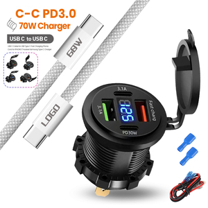 Cable PD60W, <span class=keywords><strong>Cargador</strong></span> de Coche de 70W, 12V-24V, Encendedor de Cigarrillos USB con Puerto PD 3.0 y QC 3.0, USB para Coche, Toma de Corriente USB Impermeable de 12 Voltios - Product Image 1
