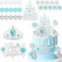 Ensemble de 28 décorations de gâteau Winter Wonderland, décorations de gâteau Joyeux Anniversaire, château, diadème, flocon de neige, fournitures de fête, décoration de gâteau
