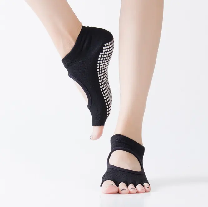 Calzini antiscivolo senza dita all'ingrosso senza schienale calzini a cinque dita calzini Yoga personalizzati con pelle