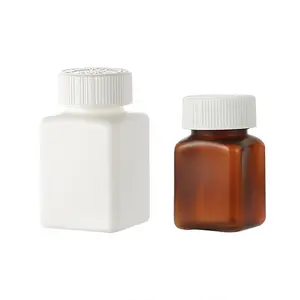 Botol pil plastik persegi farmasi, botol kapsul obat putih Amber kosong 60ml 100ml dengan tutup sekrup tahan anak