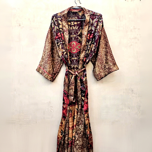 New Arrival Vintage Silk Saree Ethnic Indian Kimono Bath Robe Hand Embroidery Elastic Waist Short Sleeve Recycled Fabric Summer - Product Image 1