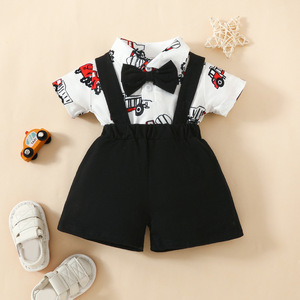 Pour <span class=keywords><strong>Amazon</strong></span> mignon bébé garçon Gentleman noeud papillon camion haut Shorts à la mode été à manches courtes veste bretelles costume tricoté tissu - Product Image 2