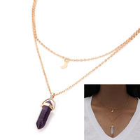 Collier ras de cou en métal superposé G.tang, fin, avec pendentif en cristal de quartz rose lune, turquoise, pierre naturelle de guérison