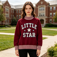 Sweat-shirt à col montant style preppy pour femme, avec imprimé lettres personnalisé, nœud décoratif et bordure contrastante à carreaux, manches longues