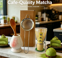 Lot de 5 ustensiles de cérémonie du thé japonais en gros : Fouet en bambou à 100 dents, Bol en céramique, Cuillère, Tamis et Support – Kit traditionnel pour la cérémonie du thé