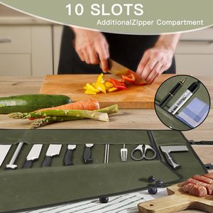 Bolsa enrollable de lona para cuchillos de Chef, 10 ranuras para cuchillos, Bolsillo grande con cremallera, duradero, 10oz, funda para cuchillos, correa ajustable para el hombro para hombres - Product Image 3