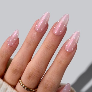 Faux ongles roses brillants printemps-été, qualité supérieure, vente en gros, forme amande moyenne, motif pois 3D, ongles en gel souple à presser, 32 pièces - Product Image 1